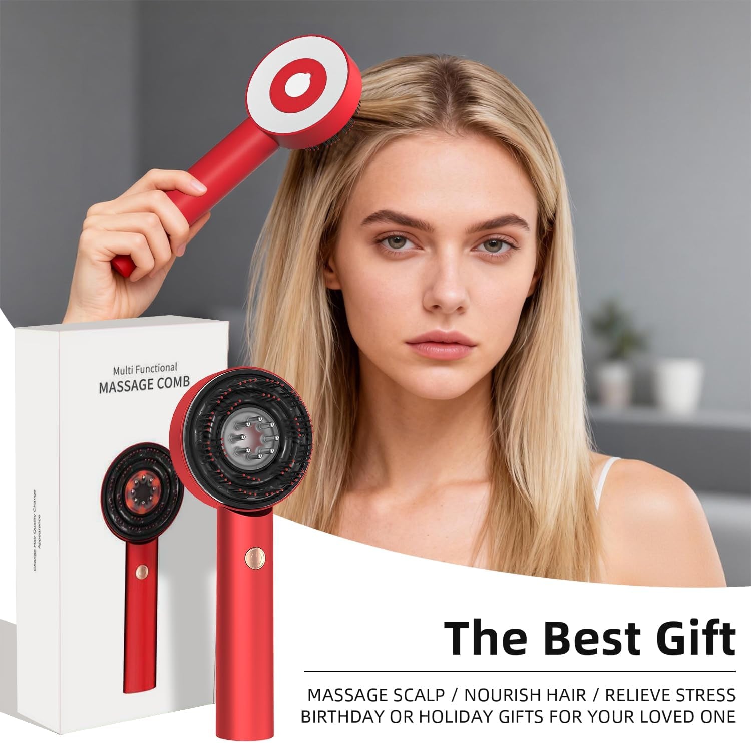 3 in 1 Scalp Massager, Hair Oil Applicator, Electric Scalp Brush, IPX7 Waterproof Hair Comb, Cordless & Portable Scalp Massage Device for Hair Growth, Home & Travel, Red