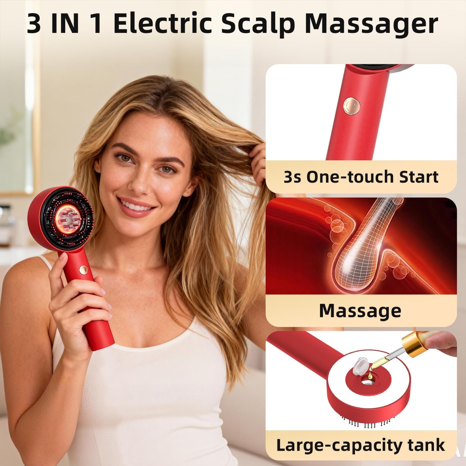 3 in 1 Scalp Massager, Hair Oil Applicator, Electric Scalp Brush, IPX7 Waterproof Hair Comb, Cordless & Portable Scalp Massage Device for Hair Growth, Home & Travel, Red