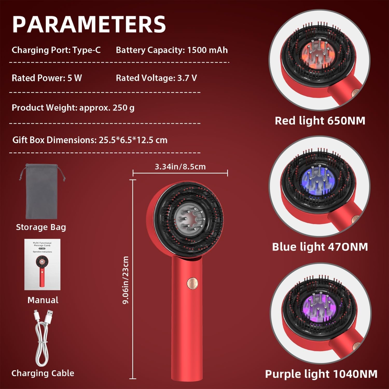 3 in 1 Scalp Massager, Hair Oil Applicator, Electric Scalp Brush, IPX7 Waterproof Hair Comb, Cordless & Portable Scalp Massage Device for Hair Growth, Home & Travel, Red