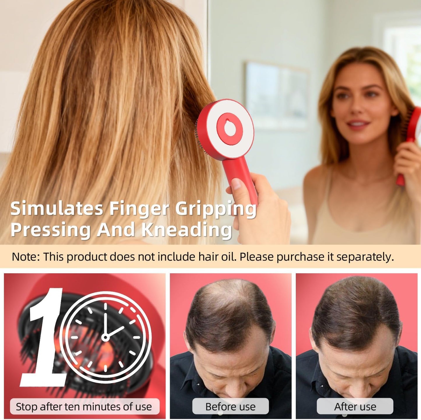 3 in 1 Scalp Massager, Hair Oil Applicator, Electric Scalp Brush, IPX7 Waterproof Hair Comb, Cordless & Portable Scalp Massage Device for Hair Growth, Home & Travel, Red